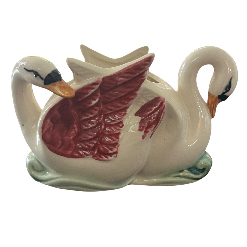 VTG Occupied Japan Ceramic Double Swan Hand Painted Mini Planter Flower Pot